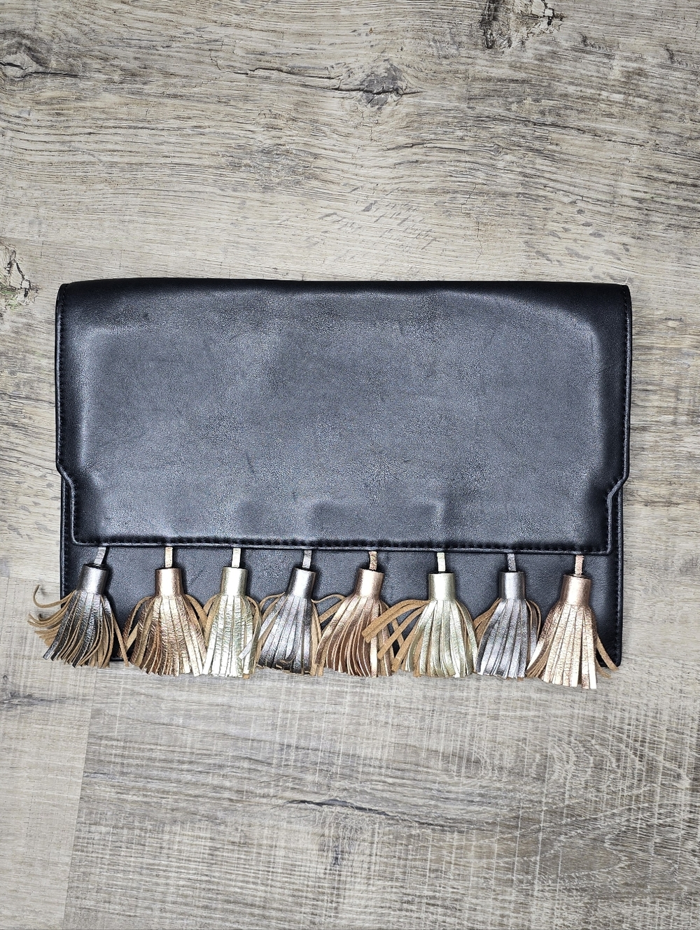 Rebecca Minkoff Black Leather Clutch with Leather Metalic Tassle Color Trim